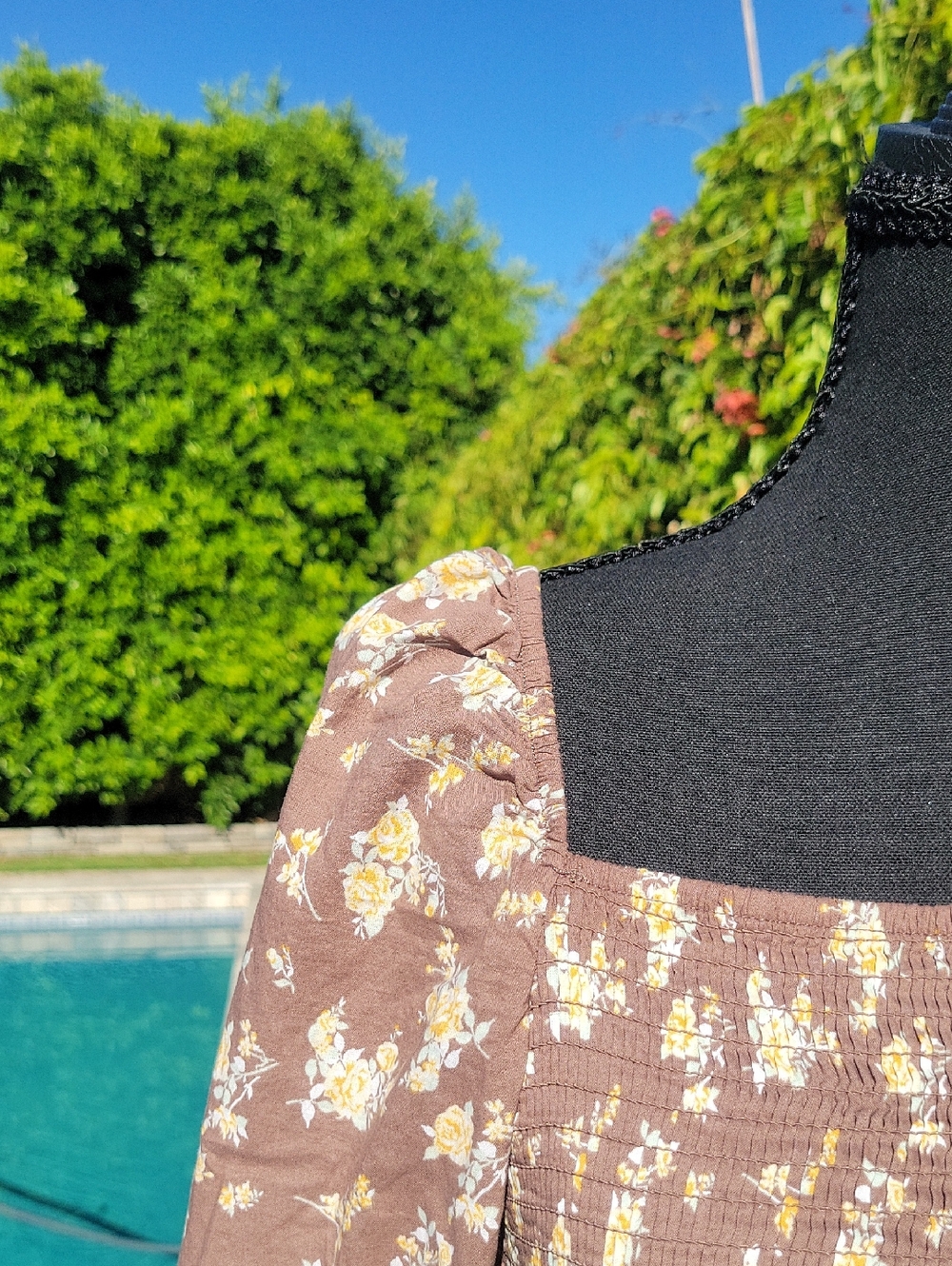 Brown Floral 100% Cotton Puff Sleeve Stretchy Boho Blouse L - Picture 4 of 14